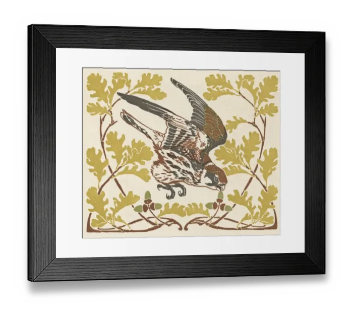Framed Print : Bird in oak leaves with acorns Framed Print : Bird in oak leaves with acorns