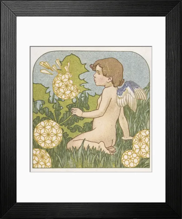 Framed Print : Cupid blowing dandelion seeds in a garden Framed Print : Cupid blowing dandelion seeds in a garden
