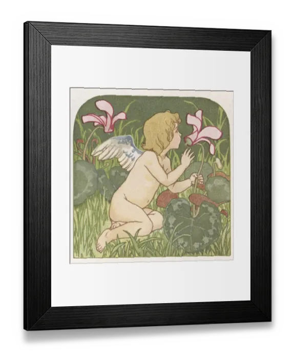Framed Print : Cupid ringing foxglove bells in a garden Framed Print : Cupid ringing foxglove bells in a garden