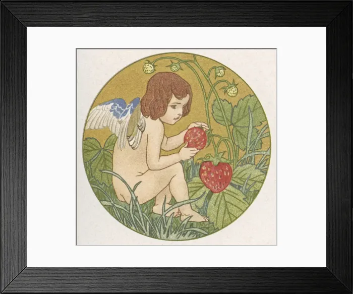Framed Print : Cupid with strawberries in a garden Framed Print : Cupid with strawberries in a garden