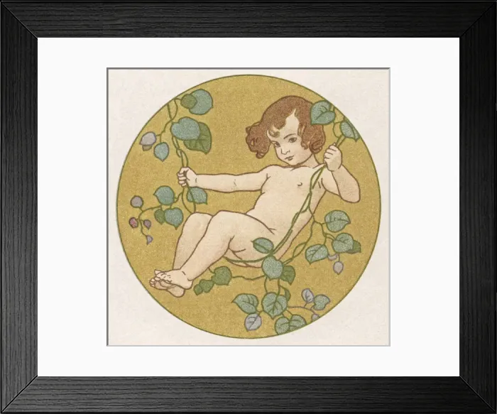 Framed Print : Cupid swinging on a leafy branch Framed Print : Cupid swinging on a leafy branch