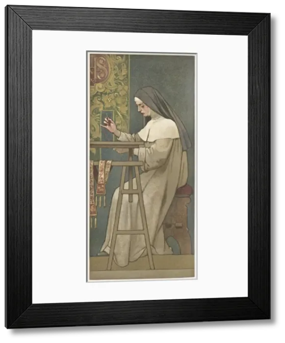 Framed Print : Collectors card, nun working on a tapestry Framed Print : Collectors card, nun working on a tapestry