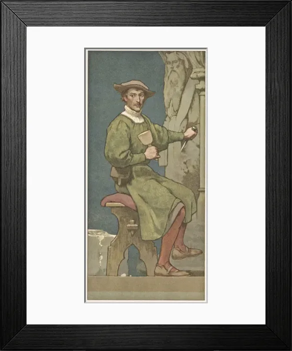 Framed Print : Collectors card, stone carver at work