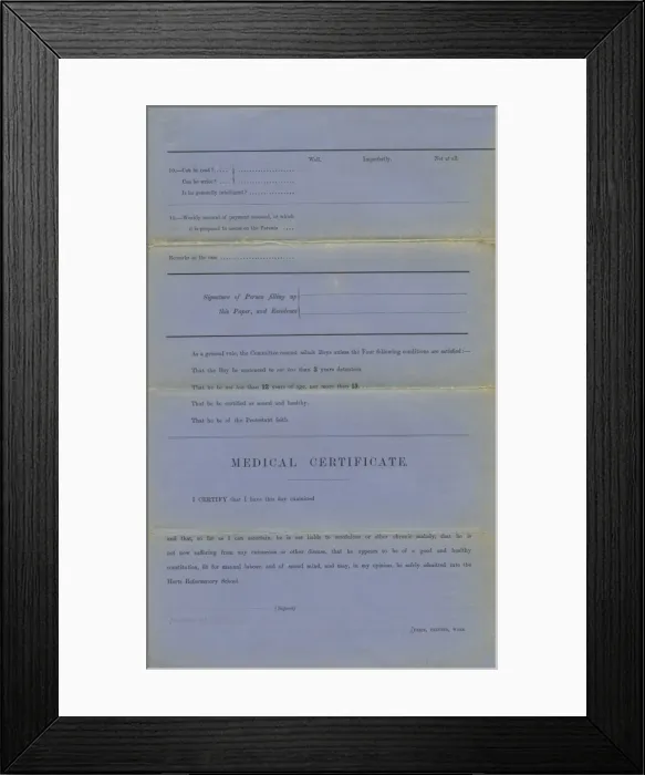 Framed Print : Hertfordshire Reformatory Admission Form Framed Print : Hertfordshire Reformatory Admission Form