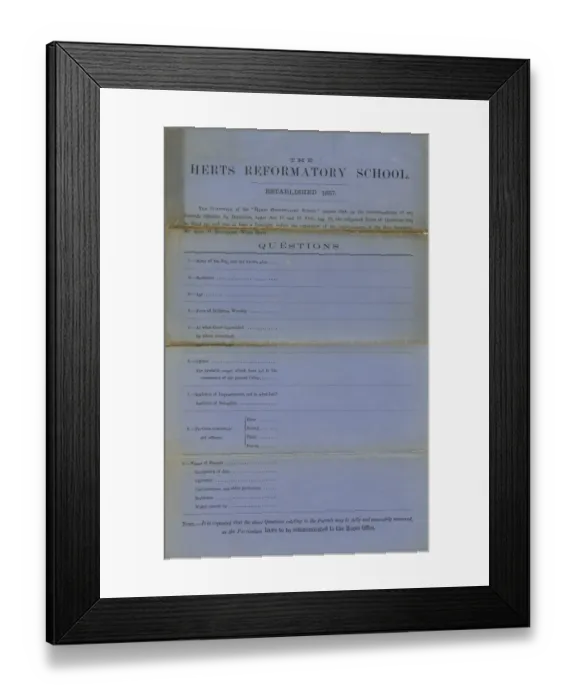 Framed Print : Hertfordshire Reformatory Admission Form Framed Print : Hertfordshire Reformatory Admission Form