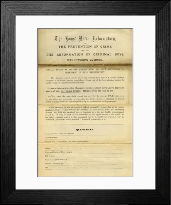 Framed Print : Wandsworth Reformatory Admission Form Page 1 Framed Print : Wandsworth Reformatory Admission Form Page 1