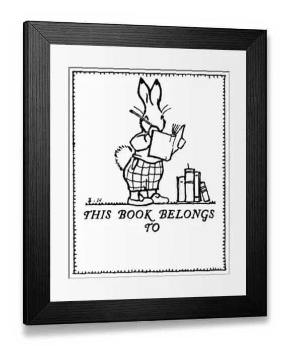 Framed Print : Bookplate design, rabbit and books Framed Print : Bookplate design, rabbit and books