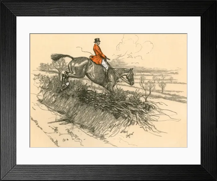 Framed Print : Huntsman on horseback jumping a hedge Framed Print : Huntsman on horseback jumping a hedge