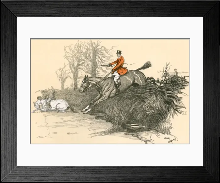 Framed Print : Huntsman on horseback jumping a hedge Framed Print : Huntsman on horseback jumping a hedge