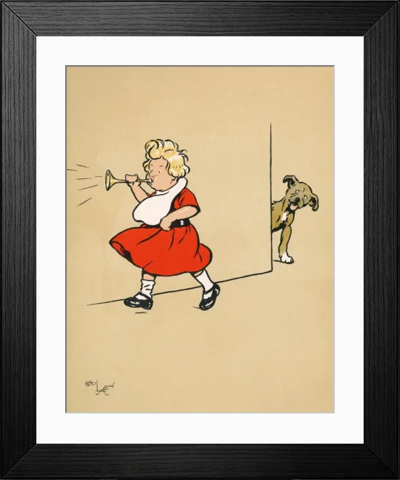 Framed Print : Mongrel puppy watching a little boy blowing a toy trumpet Framed Print : Mongrel puppy watching a little boy blowing a toy trumpet