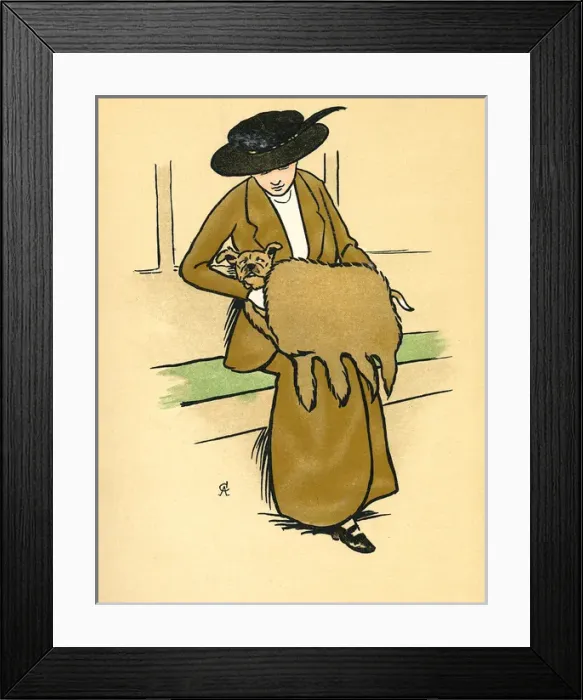 Framed Print : Woman carrying a mongrel puppy in her fur muff Framed Print : Woman carrying a mongrel puppy in her fur muff