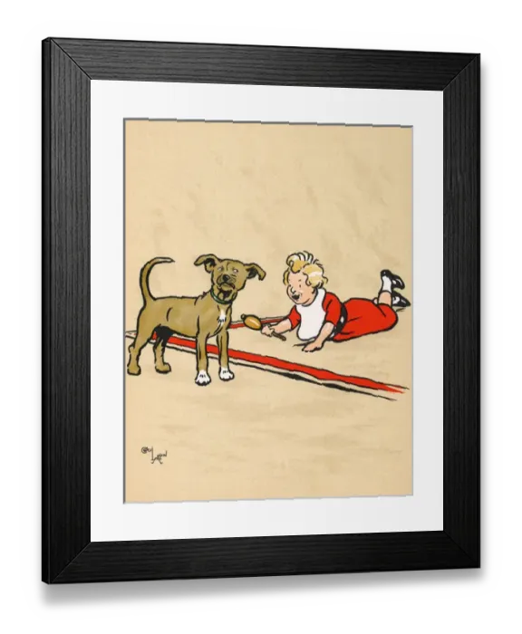 Framed Print : Mongrel puppy and little boy with rattle Framed Print : Mongrel puppy and little boy with rattle