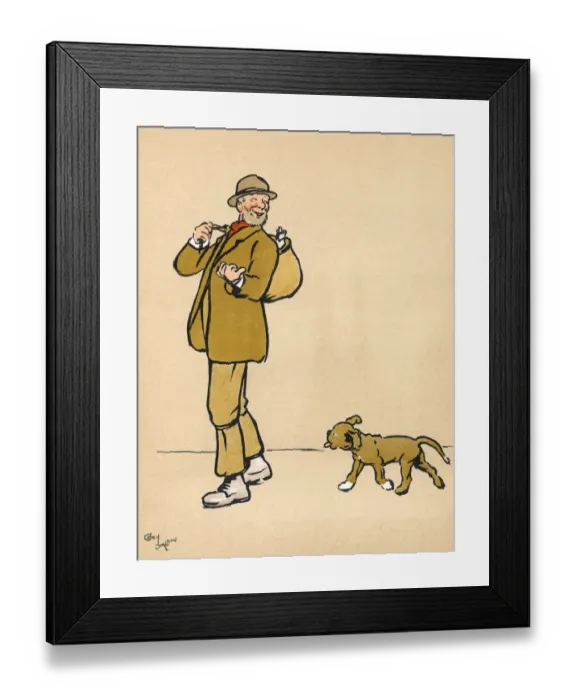 Framed Print : Mongrel puppy follows a working man Framed Print : Mongrel puppy follows a working man