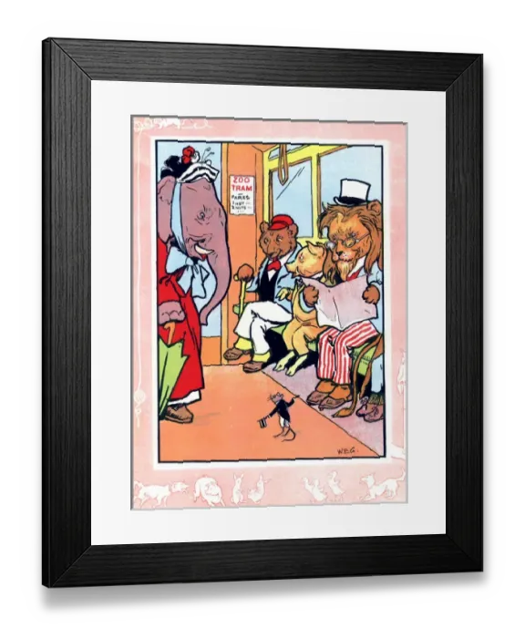 Framed Print : Elephant, bear, pig, lion and mouse on a tram Framed Print : Elephant, bear, pig, lion and mouse on a tram
