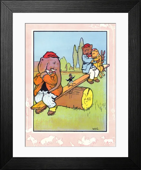 Framed Print : Elephant, bear, pig, rabbit and mouse on a seesaw Framed Print : Elephant, bear, pig, rabbit and mouse on a seesaw