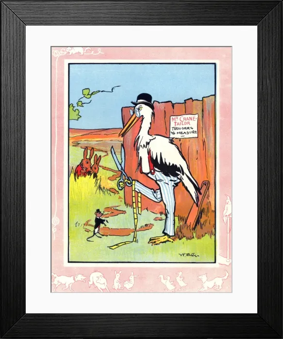 Framed Print : Mr Crane the tailor making a suit for Mr Mouse Framed Print : Mr Crane the tailor making a suit for Mr Mouse