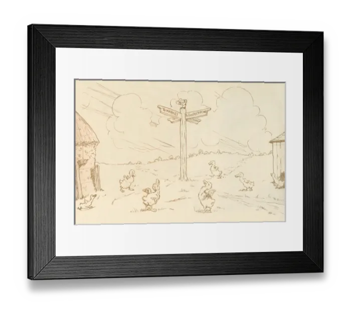 Framed Print : Endpaper illustration, goslings and signpost Framed Print : Endpaper illustration, goslings and signpost
