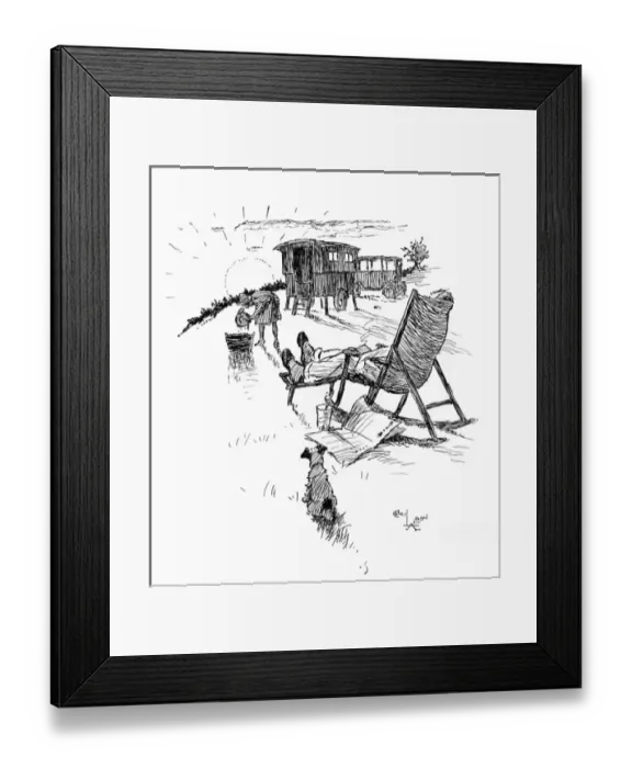 Framed Print : Caravanning scene with dog and deckchair Framed Print : Caravanning scene with dog and deckchair