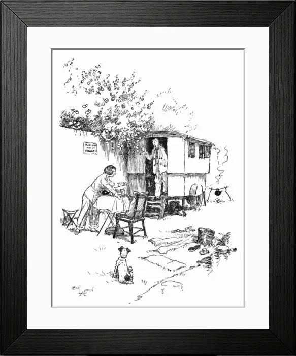 Framed Print : Caravanning scene with couple and dog Framed Print : Caravanning scene with couple and dog