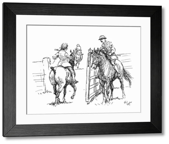 Framed Print : Illustration, riders and ponies at a show Framed Print : Illustration, riders and ponies at a show