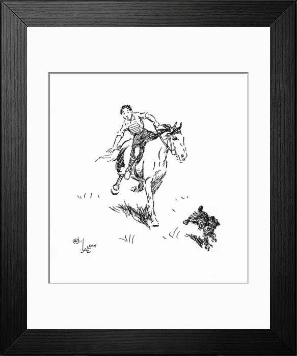 Framed Print : Illustration, boy sliding off a pony Framed Print : Illustration, boy sliding off a pony