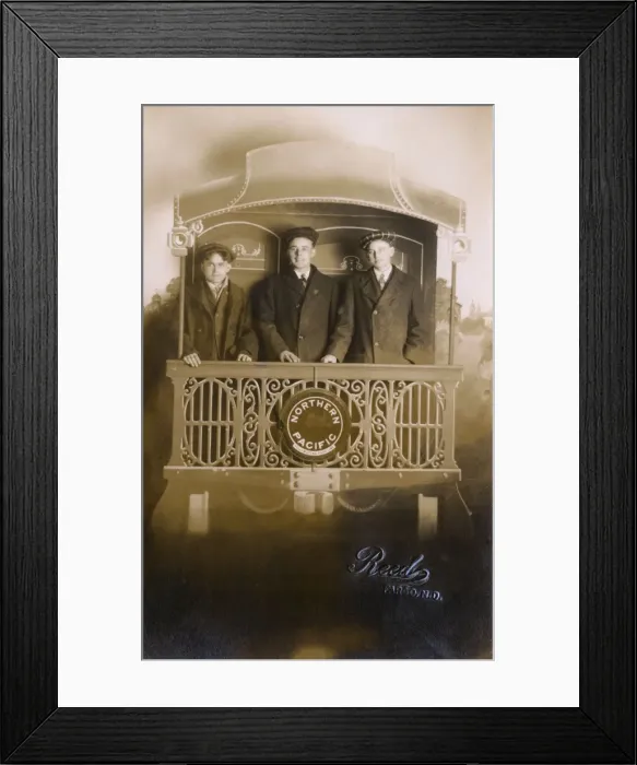 Framed Print : Studio photo, three young men on Northern Pacific train Framed Print : Studio photo, three young men on Northern Pacific train