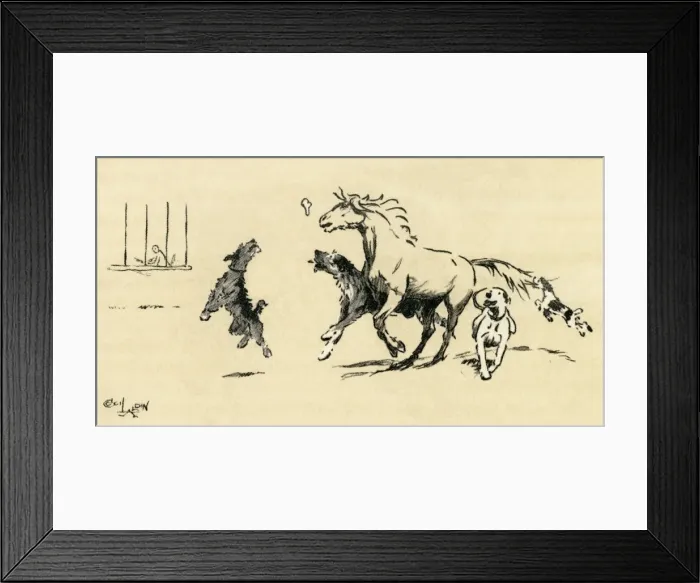 Framed Print : Illustration by Cecil Aldin, Exmoor pony and dogs at play Framed Print : Illustration by Cecil Aldin, Exmoor pony and dogs at play