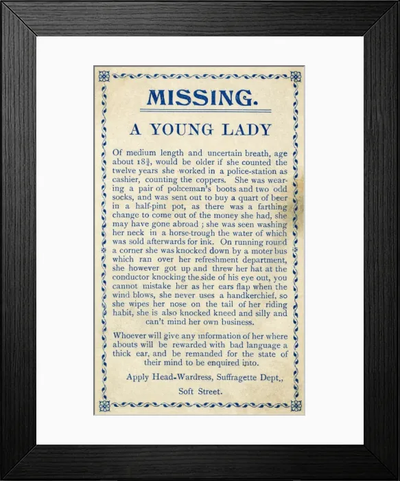 Framed Print : Spoof missing notice, anti-suffrage satire Framed Print : Spoof missing notice, anti-suffrage satire