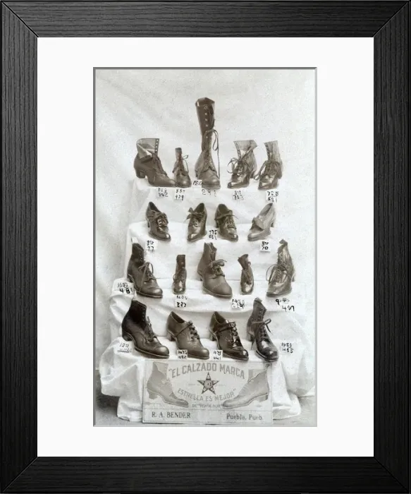 Framed Print : Shoes with prices, R A Bender, Puebla, Mexico Framed Print : Shoes with prices, R A Bender, Puebla, Mexico