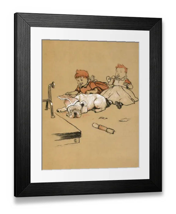 Framed Print : White bulldog puppy with two children Framed Print : White bulldog puppy with two children