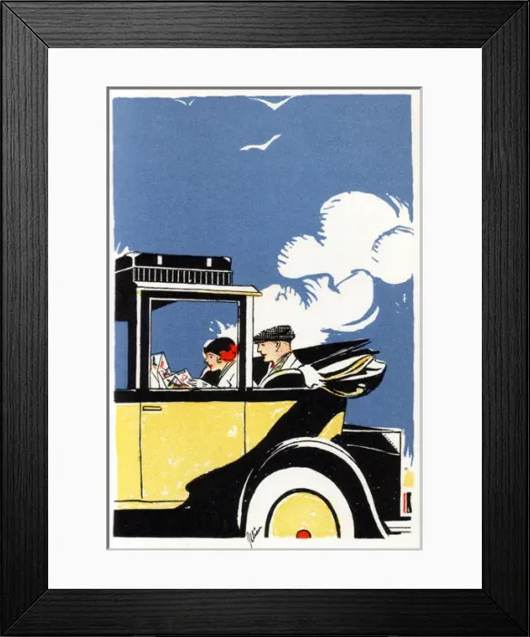 Framed Print : American couple studying a map in an elegant automobile Framed Print : American couple studying a map in an elegant automobile