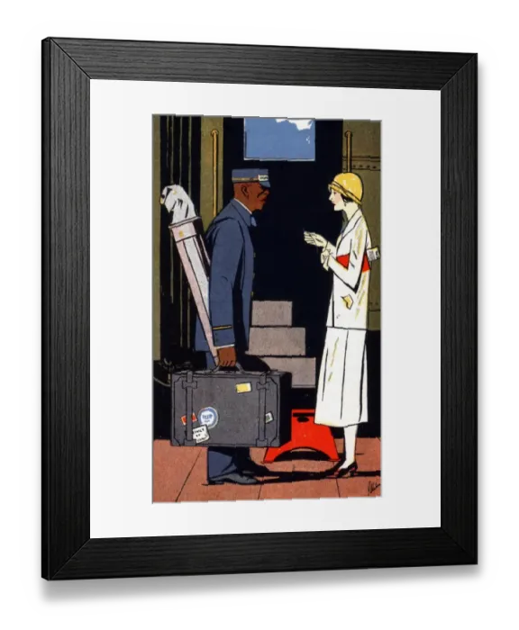 Framed Print : Black American porter with an elegant ladys luggage Framed Print : Black American porter with an elegant ladys luggage