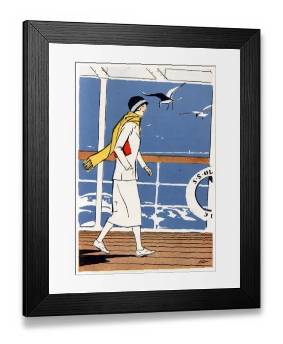 Framed Print : Elegant lady traveller strolling along the deck of a liner Framed Print : Elegant lady traveller strolling along the deck of a liner