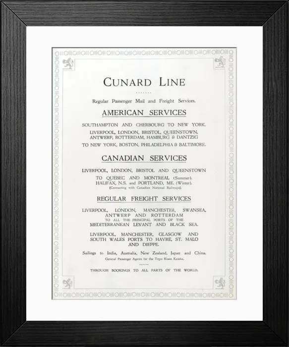Framed Print : Cunard Companys regular passenger, mail, freight services Framed Print : Cunard Companys regular passenger, mail, freight services
