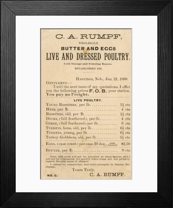 Framed Print : Trade card, C A Rumpf, poulterer of Nebraska, USA Framed Print : Trade card, C A Rumpf, poulterer of Nebraska, USA
