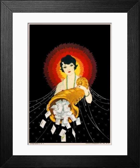 Framed Print : A stylised 1920s Woman holding a cornucopia of dye packets Framed Print : A stylised 1920s Woman holding a cornucopia of dye packets