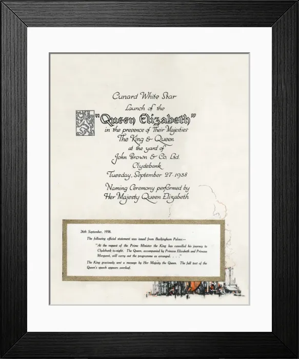 Framed Print : Cunard White Star Queen Elizabeth Liner Launch Booklet Framed Print : Cunard White Star Queen Elizabeth Liner Launch Booklet