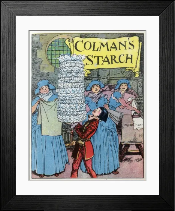 Framed Print : Serving boy carries pile of folded napkins - Colmans Starch Framed Print : Serving boy carries pile of folded napkins - Colmans Starch