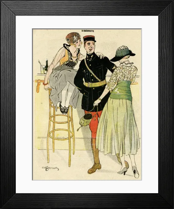 Framed Print : Cartoon, French aviator in a bar, WW1 Framed Print : Cartoon, French aviator in a bar, WW1