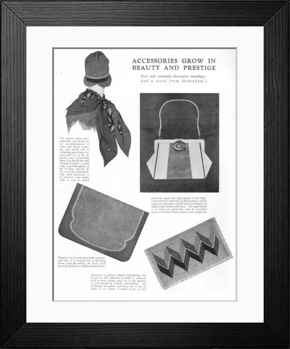 Framed Print : Fashion accessories: handbags and scarfs from Debenhams, Lon Framed Print : Fashion accessories: handbags and scarfs from Debenhams, Lon