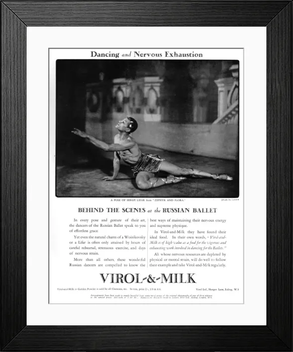 Framed Print : Advert for Virol and Milk with Serge Lifar in Zephr and Flor Framed Print : Advert for Virol and Milk with Serge Lifar in Zephr and Flor