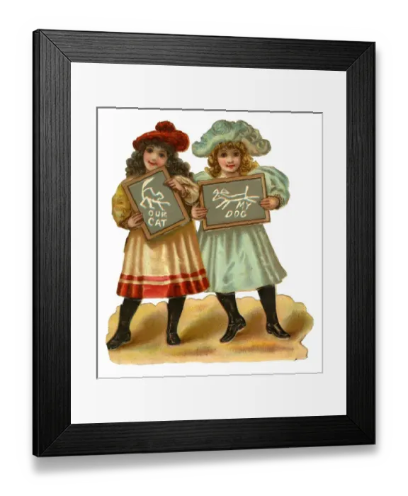 Framed Print : Victorian Scrap, two girls with slates Framed Print : Victorian Scrap, two girls with slates