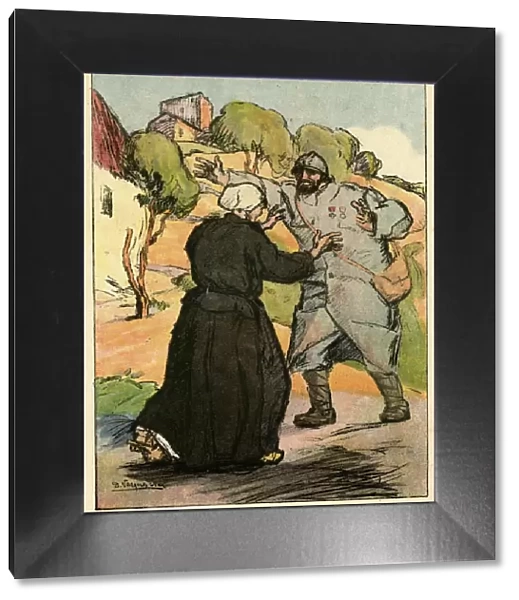 Cartoon, soldier reunited with mother, WW1