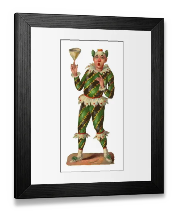 Framed Print : Victorian Scrap, clown in green and black Framed Print : Victorian Scrap, clown in green and black