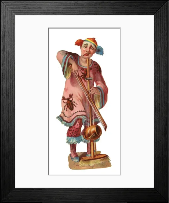 Framed Print : Victorian Scrap, Clown playing an instrument Framed Print : Victorian Scrap, Clown playing an instrument