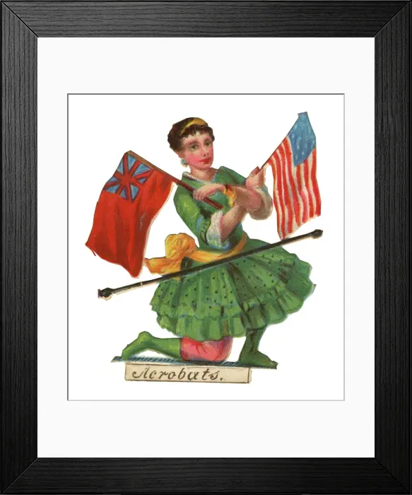 Framed Print : Victorian Scrap, acrobat woman with flags Framed Print : Victorian Scrap, acrobat woman with flags