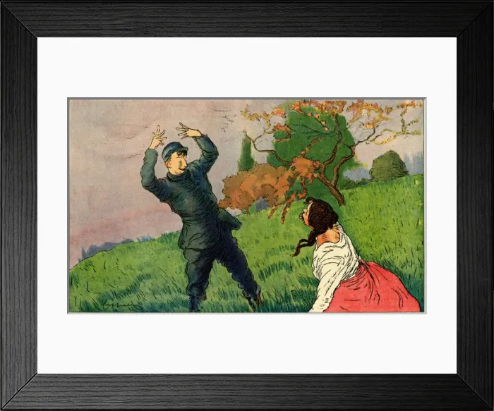 Framed Print : Cartoon, French soldier and girlfriend, WW1 Framed Print : Cartoon, French soldier and girlfriend, WW1