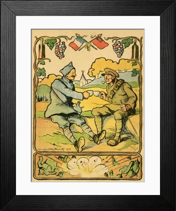 Framed Print : Cartoon, Sharing a drink, WW1 Framed Print : Cartoon, Sharing a drink, WW1
