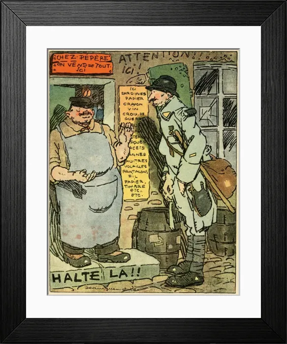 Framed Print : Cartoon, Trader and French soldier, WW1 Framed Print : Cartoon, Trader and French soldier, WW1