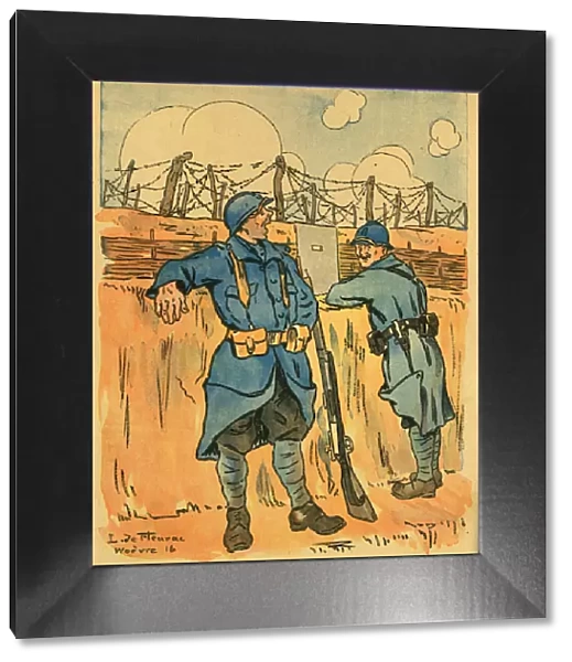 Cartoon, Two French soldiers in a trench, WW1